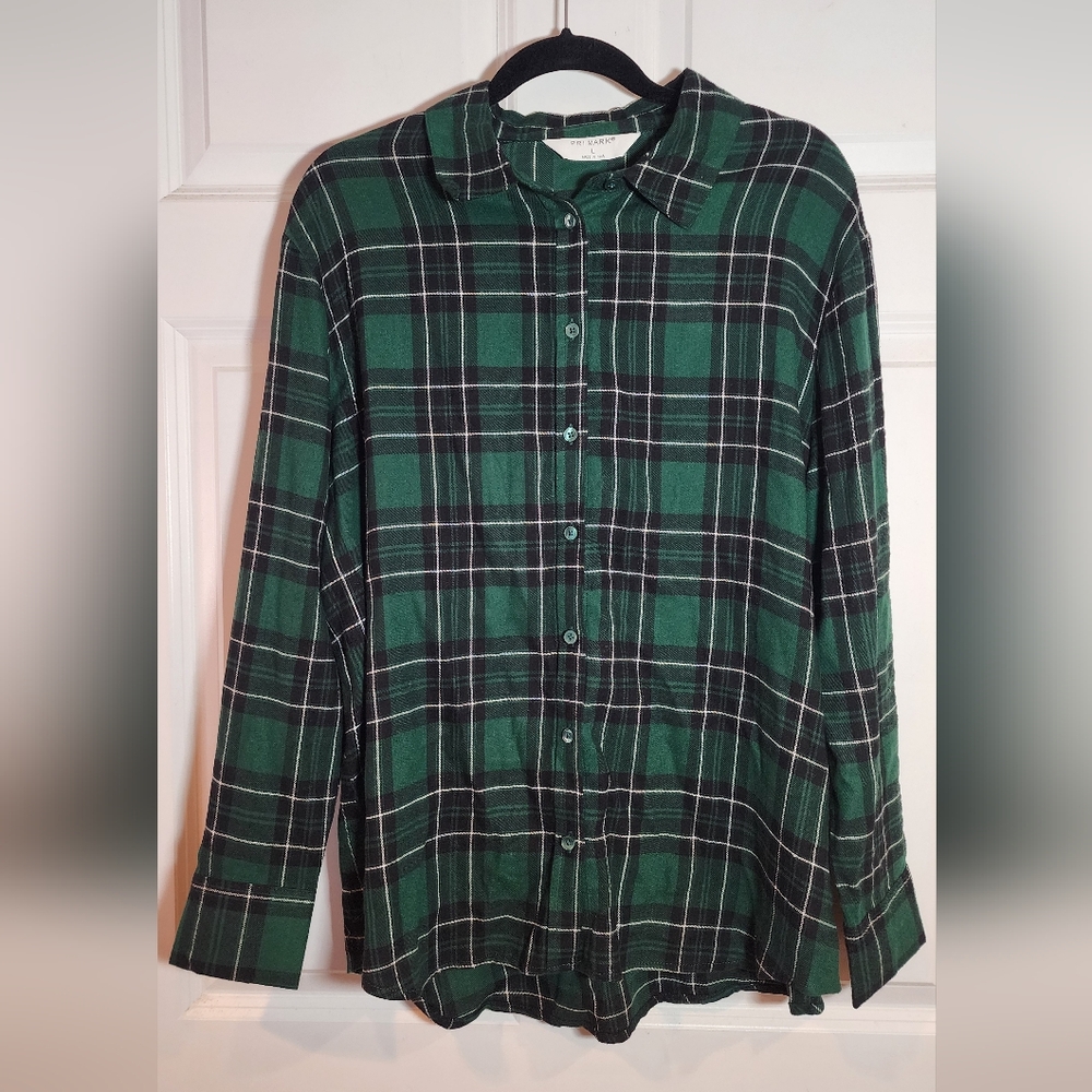 NWOT Primark Green And Black Plaid Button Up Shirt Loose Fit Large